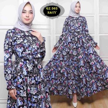 Gamis Modern Motif Bunga Navy