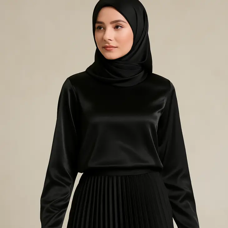 Anggun dengan Atasan Satin Hitam dan Rok Lipit