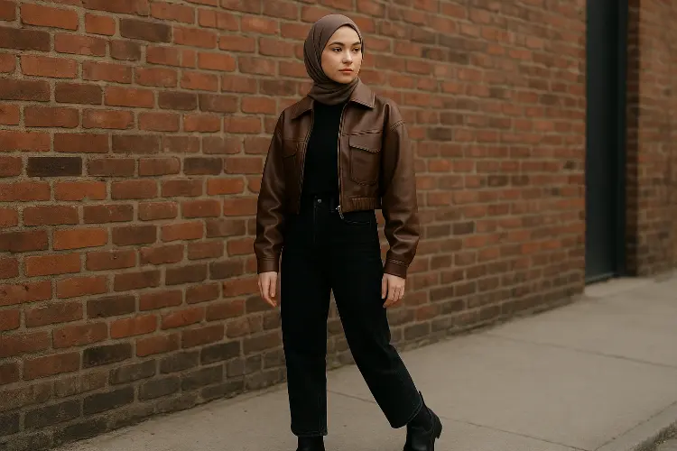Atasan Hitam Simpel + Cropped Leather Jacket + Celana High-Waist