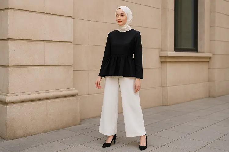 Atasan Peplum + Celana Wide-Leg + Heels