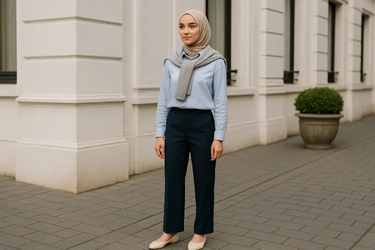 Kemeja Biru Muda + Celana Navy + Flat Shoes Cream