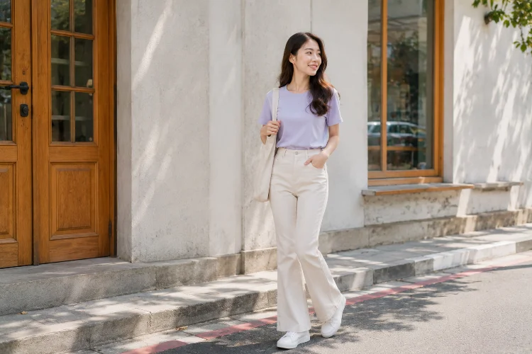 Kaus Pastel dan Boot Cut Pants untuk Look Feminin